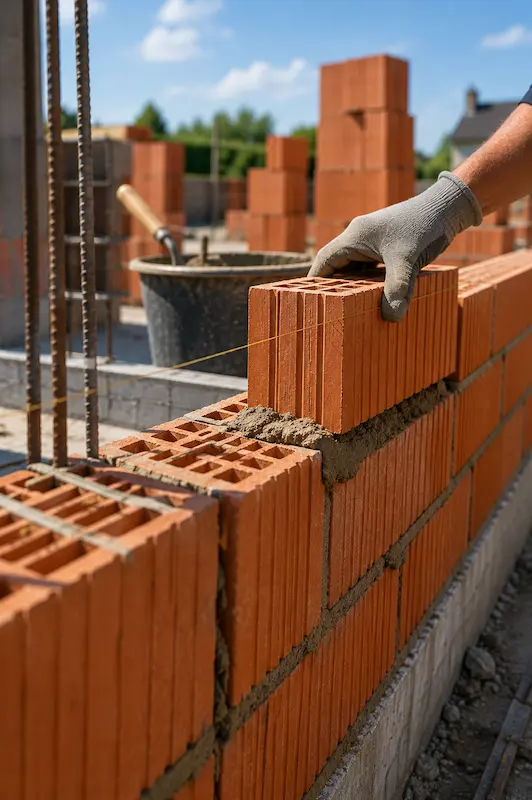 Élévation d’un mur en briques lors de travaux de gros œuvre