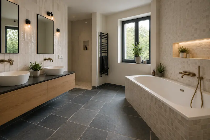 Salle de bain avec faïence murale et sol en pierre bleue près de Bailleul