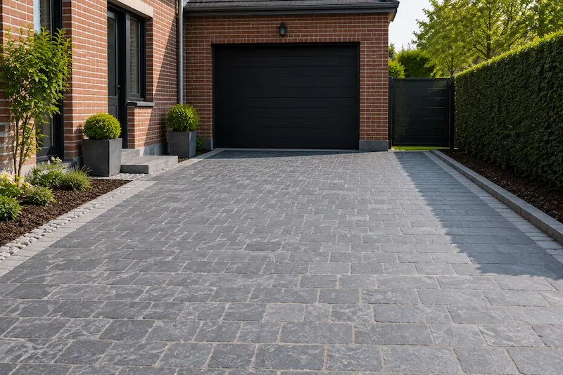 Accès de garage aménagé en pavés devant une maison près de Merville