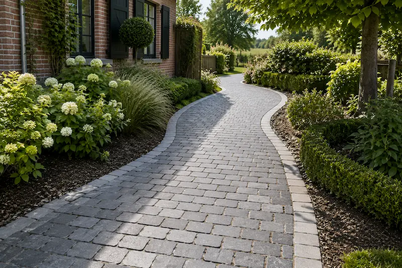 Allée pavée aménagée dans le jardin d’une maison près de Merville