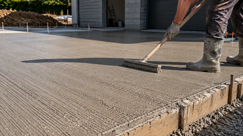 Réalisation d’une finition en béton balayé sur une dalle extérieure