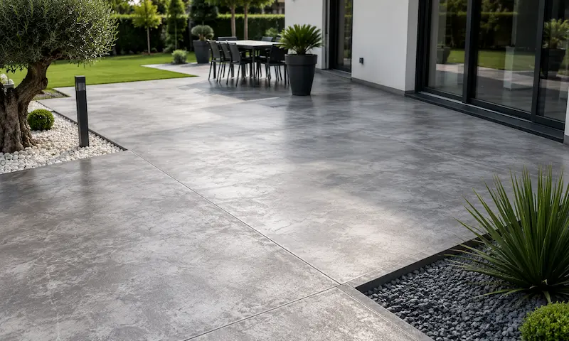 Terrasse extérieure aménagée avec une finition en béton décoratif