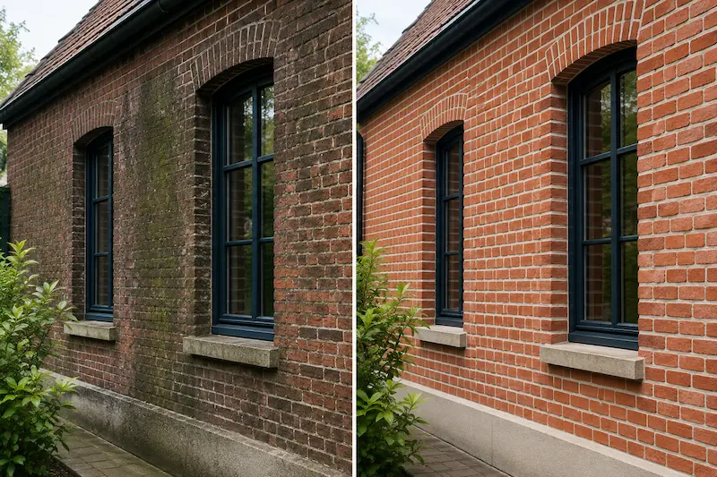 Comparaison d’une façade en brique avant et après nettoyage par sablage près d’Hazebrouck