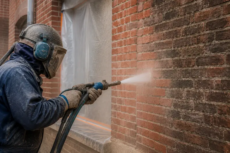 Hydrosablage en cours sur une façade en brique près d’Hazebrouck
