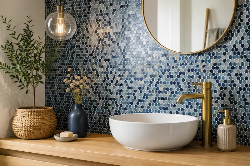 Mosaïque décorative bleue posée sur le mur d’une salle de bain près de Béthune