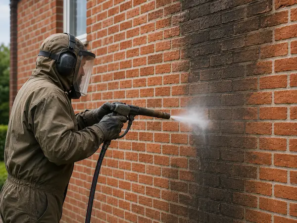 Façade en brique avec fenêtre à protéger avant un sablage près d’Hazebrouck