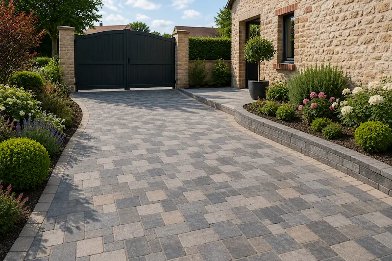 Allée de garage aménagée avec des pavés devant une maison près de Merville