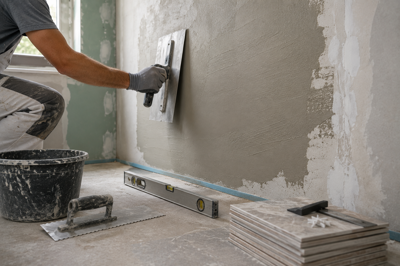 Préparation et lissage d’un mur avant la pose de faïence près de Béthune