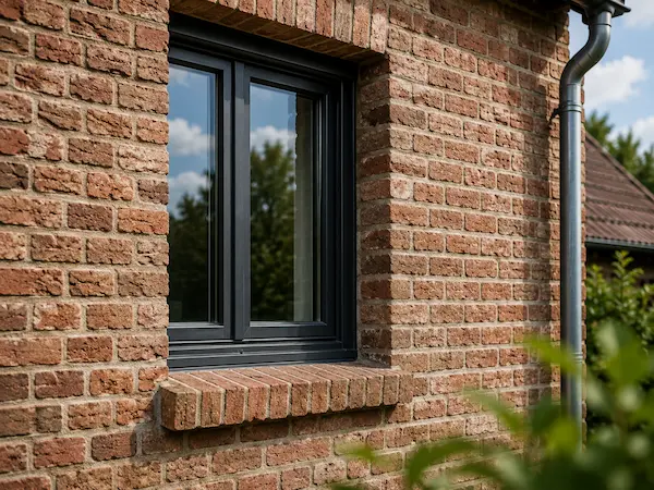 Façade en brique avec fenêtre à protéger avant un sablage près d’Hazebrouck