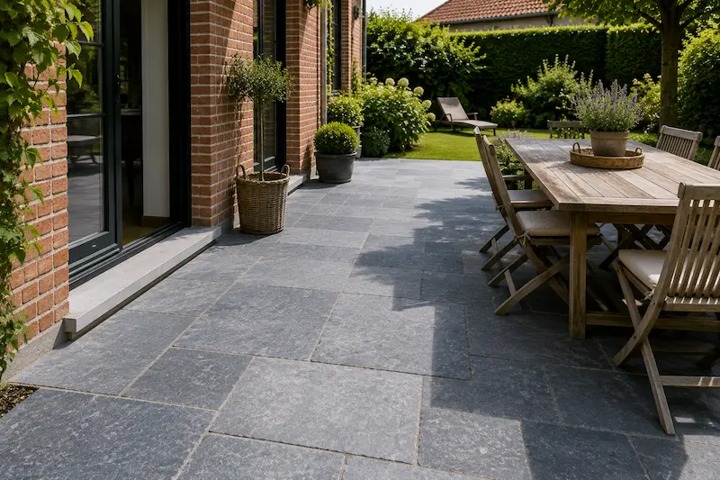 Terrasse en pierre bleue aménagée devant une maison en brique près de Merville