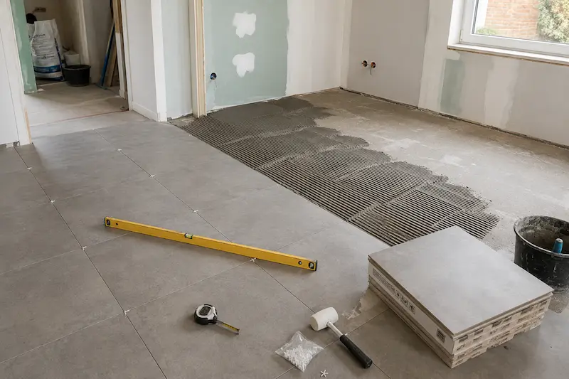 Pose de carrelage 60 × 60 sur un chantier de rénovation à Aire-sur-la-Lys