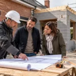 Maître d’œuvre présentant les plans d’une extension de maison aux propriétaires sur le chantier