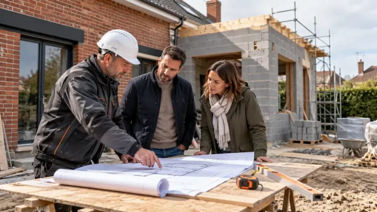 Maître d’œuvre présentant les plans d’une extension de maison aux propriétaires sur le chantier