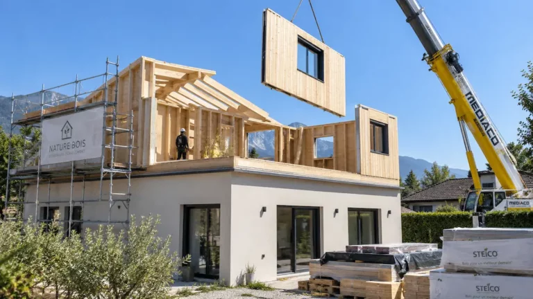 Surélévation d’une maison en ossature bois avec pose de murs préfabriqués à la grue