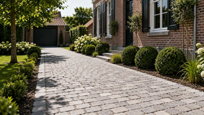 Allée en pavés aménagée devant une maison en brique près de Merville