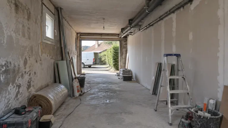 Transformation d’un garage en pièce à vivre avec isolation, traitement des murs et travaux d’aménagement intérieur.