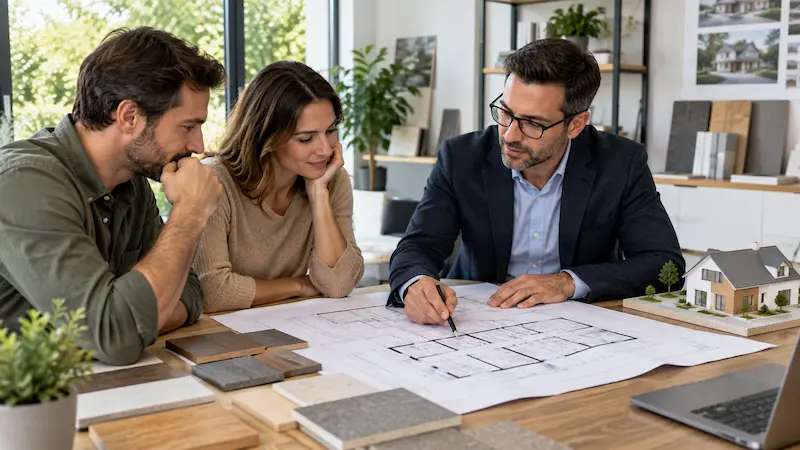 Architecte présentant les plans d’une maison individuelle à un couple de futurs propriétaires