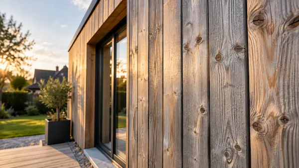 Bardage bois grisé naturellement sur une extension de maison