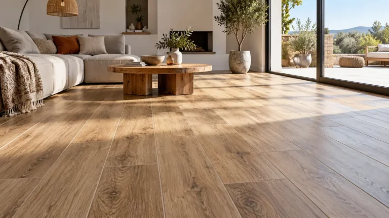 Carrelage effet bois en grès cérame posé dans un salon lumineux avec veinage naturel et joints fins
