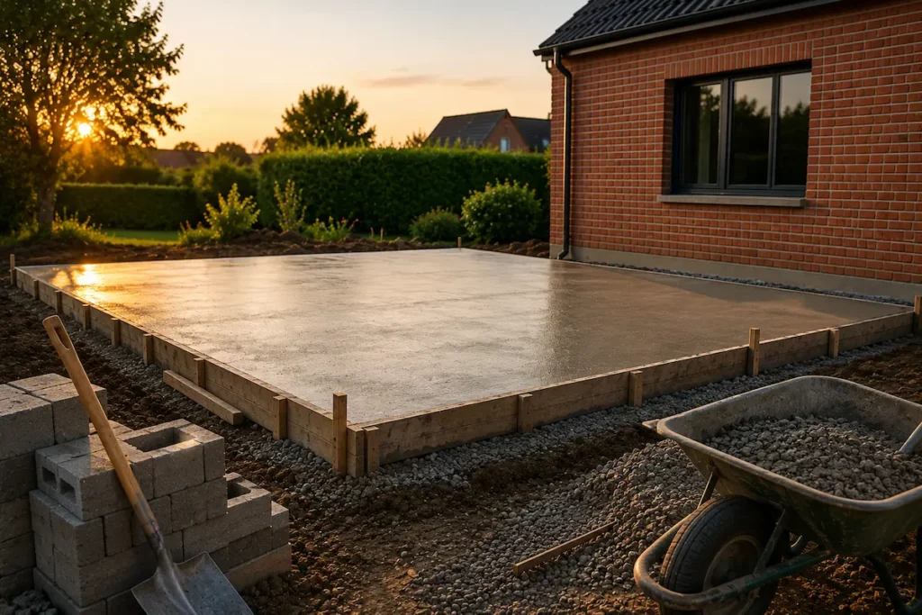 Chantier de maçonnerie avec dalle en béton fraîchement coulée près de Merville