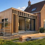 Chantier d’une extension en bois avec bardage en cours de pose sur une maison en brique dans le Nord