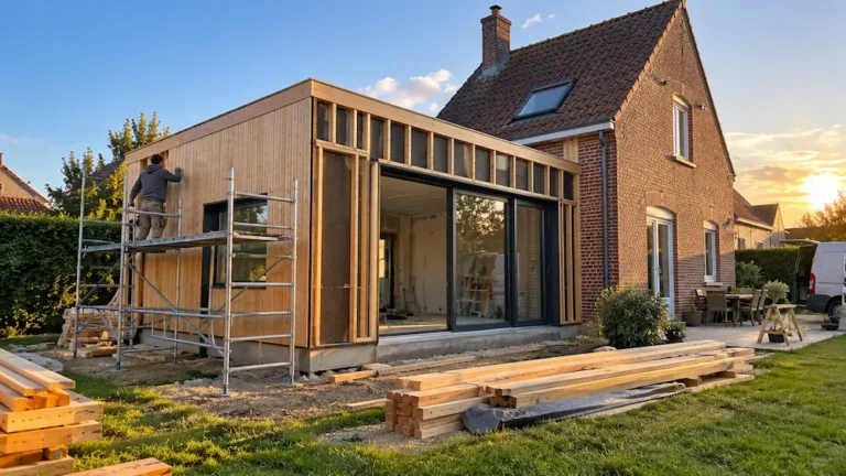 Chantier d’une extension en bois avec bardage en cours de pose sur une maison en brique dans le Nord