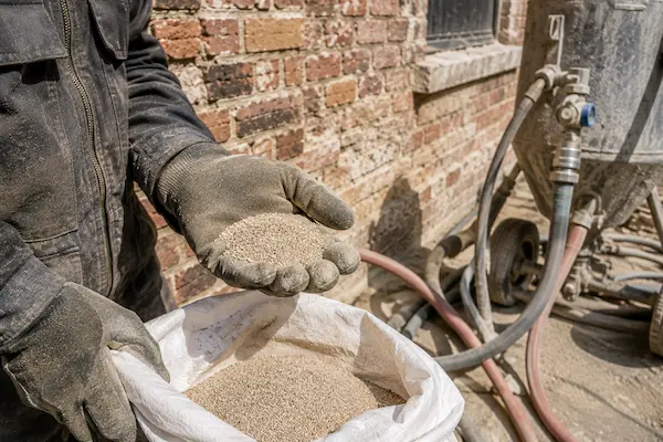 Granulat abrasif utilisé pour le sablage d’une façade en brique près d’Hazebrouck