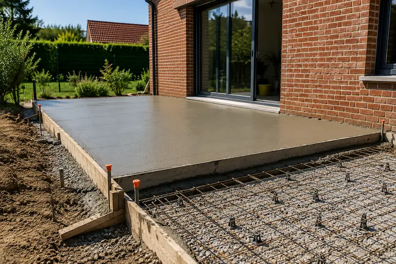 Construction d’une dalle en béton pour une terrasse de maison près de Merville