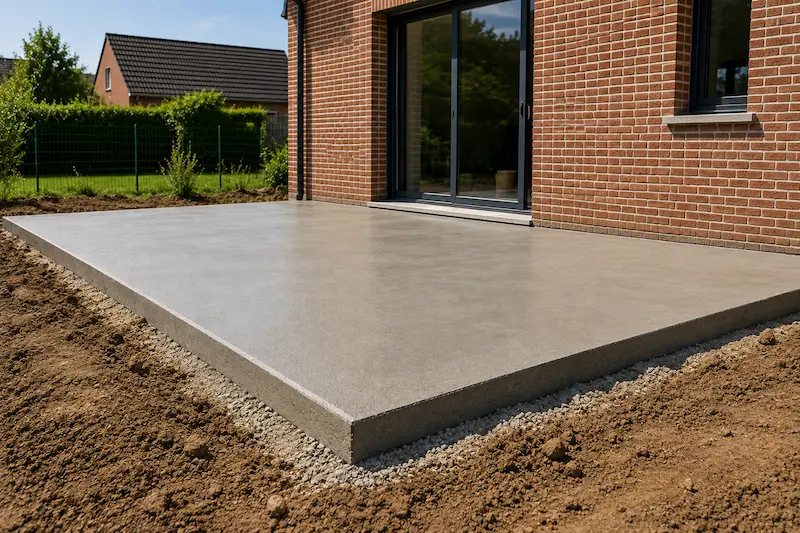 Dalle en béton sur terre-plein réalisée devant une maison en brique près de Merville