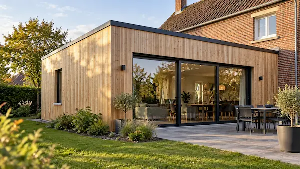 Extension en bois de plain-pied avec grande baie vitrée accolée à une maison en brique