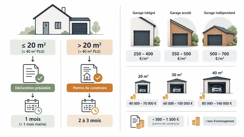 Infographie sur les démarches administratives, le permis de construire et le budget d’une extension de garage accolé.