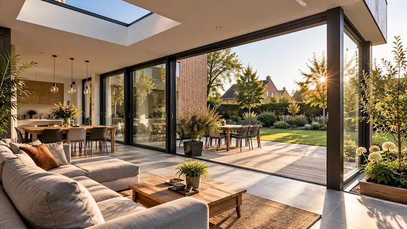 Idée extension maison : les solutions pour agrandir son espace de vie 1 Extension de maison contemporaine avec toit plat et grandes baies vitrées ouvrant la pièce de vie sur la terrasse et le jardin.