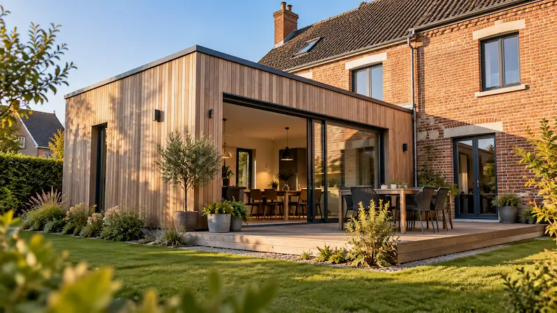Extension contemporaine en ossature bois avec baie vitrée accolée à une maison ancienne en brique