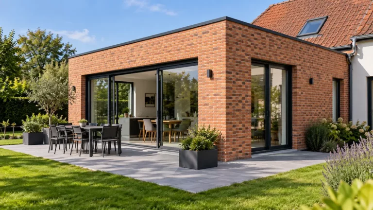Extension de maison en brique avec toit plat et grandes baies vitrées donnant sur le jardin