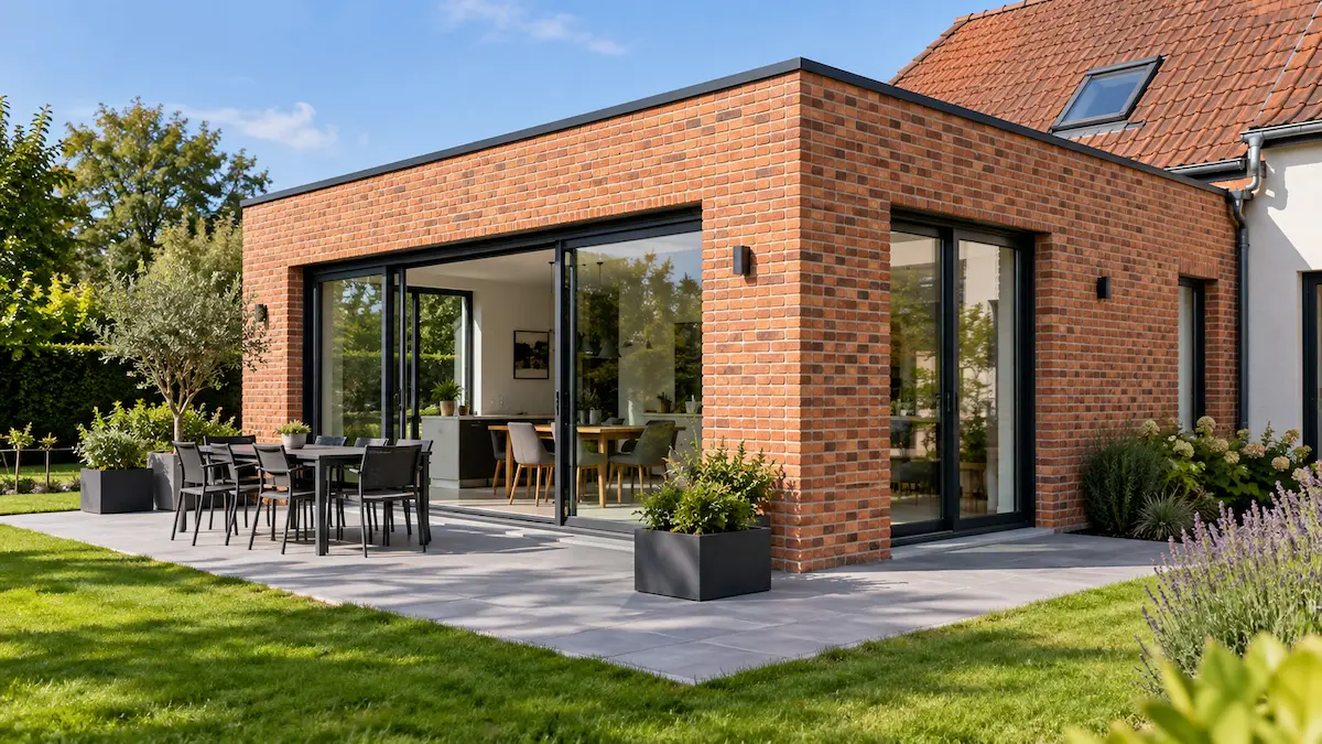 Extension de maison en brique avec toit plat et grandes baies vitrées donnant sur le jardin