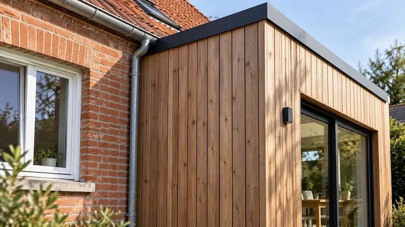 Jonction entre une maison traditionnelle en brique et une extension avec bardage bois vertical et toiture en tuile.