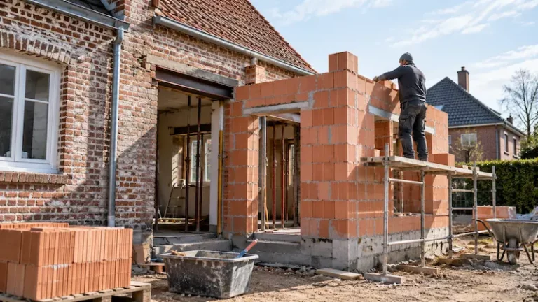 Extension de maison en cours de construction avec plans de chantier pour illustrer les démarches liées au permis de construire.