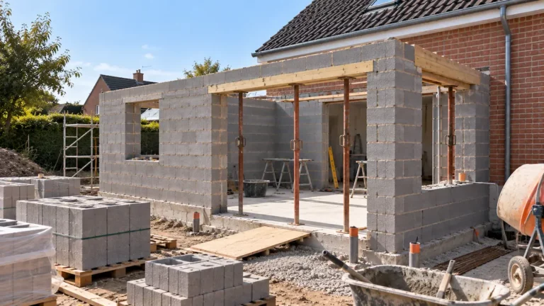 Construction d’une extension de maison en parpaing contre une façade en brique