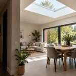 Extension de maison : le puits de lumière contre l'effet tuyau Extension de maison éclairée par un puits de lumière en toiture, diffusant la lumière naturelle dans la pièce de vie malgré un couloir intérieur sombre.