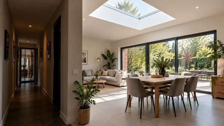 Extension de maison éclairée par un puits de lumière en toiture, diffusant la lumière naturelle dans la pièce de vie malgré un couloir intérieur sombre.