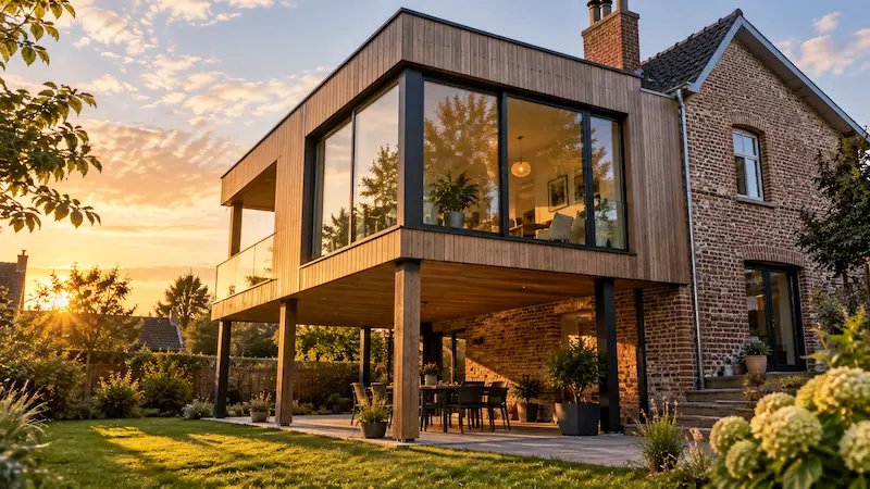 Idée extension maison : les solutions pour agrandir son espace de vie 2 Extension de maison sur pilotis avec bardage bois et grandes baies vitrées, accolée à une maison traditionnelle en brique dans le Nord.
