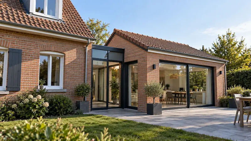 Extension de maison traditionnelle en brique reliée au bâti existant par un sas vitré, avec toiture en tuile et ouvertures alignées.