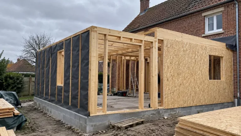 Chantier d’une extension à ossature bois avec panneaux OSB sur une maison en brique