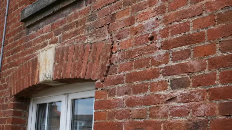 Façade ancienne en briques rouges avec joints dégradés, efflorescences et fissures avant ravalement