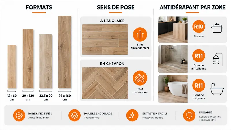 Infographie des formats, sens de pose et classements antidérapants R10 et R11 du carrelage effet bois
