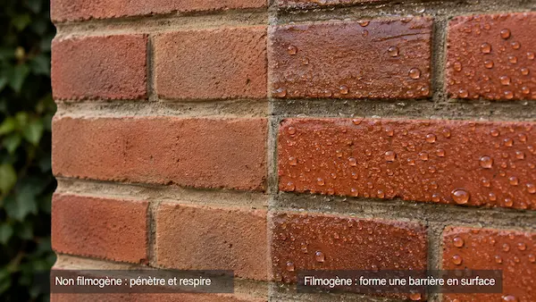 Pose hydrofuge façade 3 Comparaison entre un hydrofuge filmogène et non filmogène appliqué sur une façade en brique.