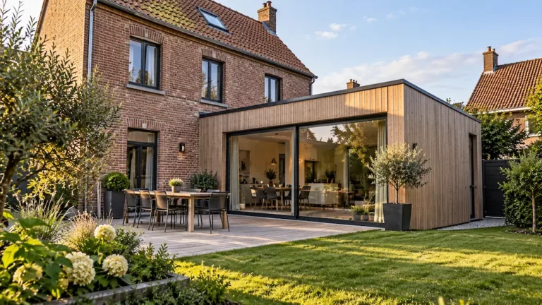 Maison en brique avec extension contemporaine en bois à toit plat et grandes baies vitrées donnant sur le jardin.