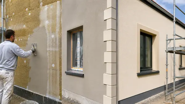 Rénovation de façade 6 Artisan réalisant l’isolation thermique par l’extérieur et l’application d’un enduit de finition sur une façade de maison à Hazebrouck.
