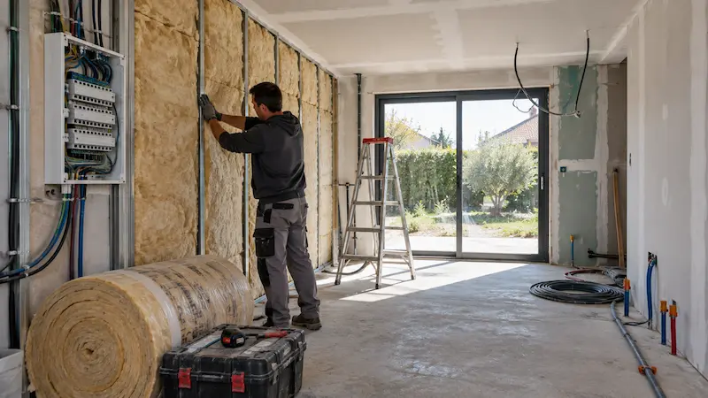 Isolation d’un garage transformé en pièce habitable avec pose de laine isolante, baie vitrée et installation électrique.