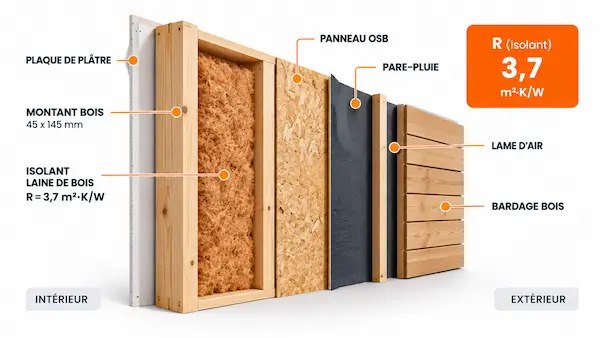 Coupe d’un mur à ossature bois avec laine de bois, panneau OSB, pare-pluie, lame d’air et bardage bois
